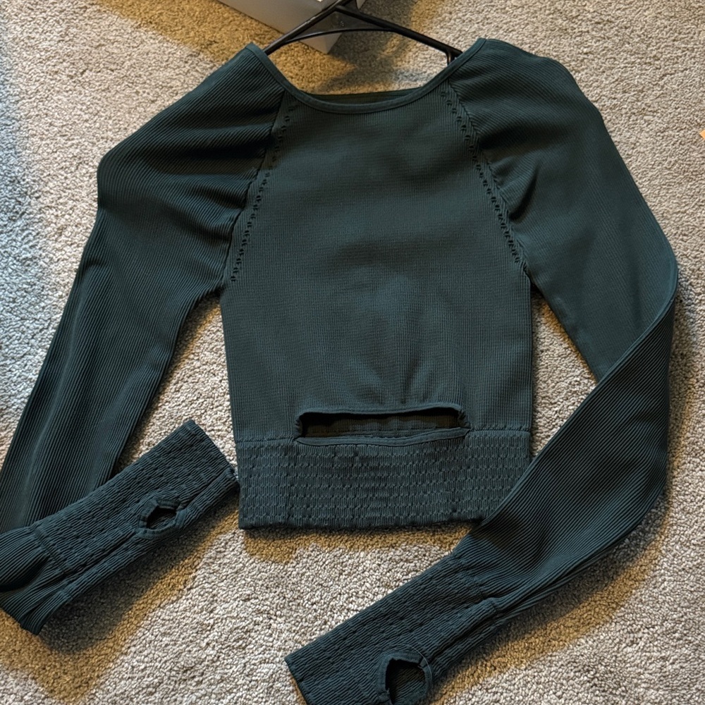 Free People Dark Green Long Sleeve Ribbed Crop Top